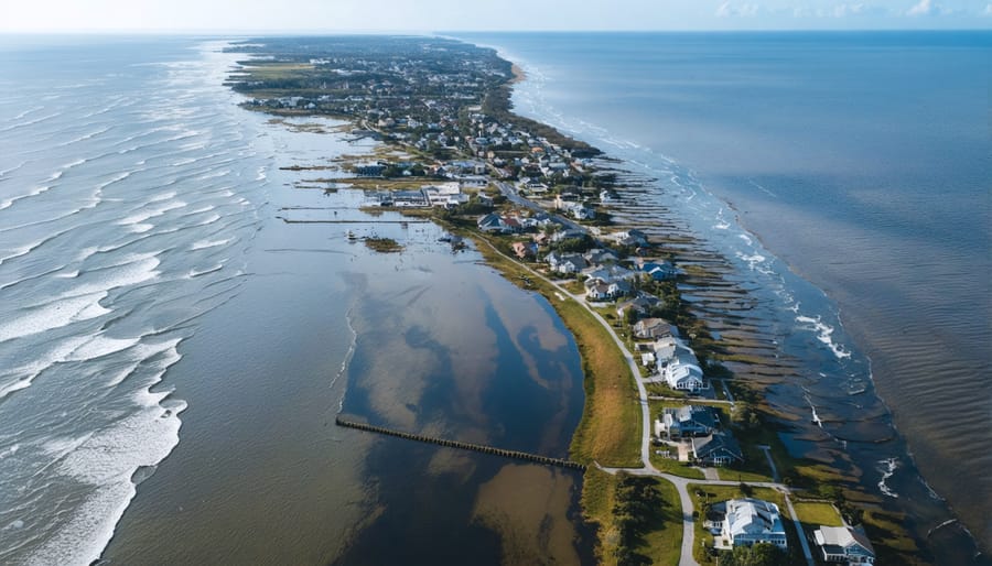 Aerial photograph showing impact of coastal flooding on residential and commercial properties