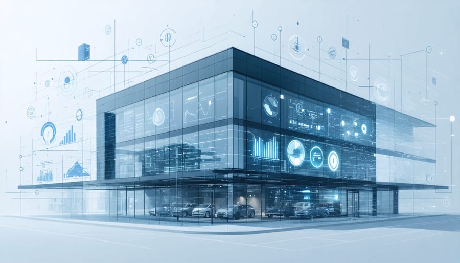 Commercial building with augmented reality overlay showing AI risk assessment metrics