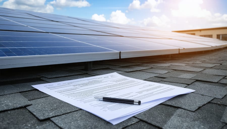 Commercial solar installation with financing paperwork showing renewable energy investment