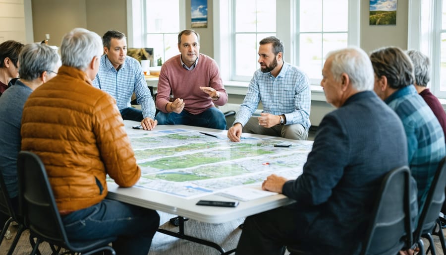 Diverse group of community members and local officials discussing flood mitigation plans around a table with maps