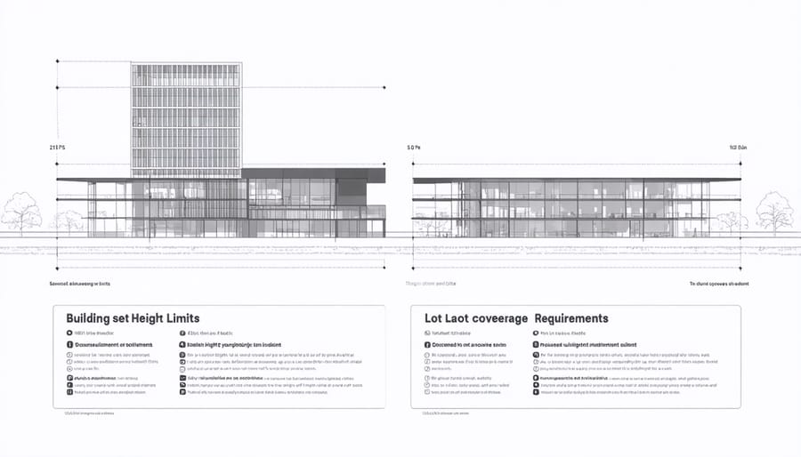Technical illustration of building development standards including setbacks and height restrictions