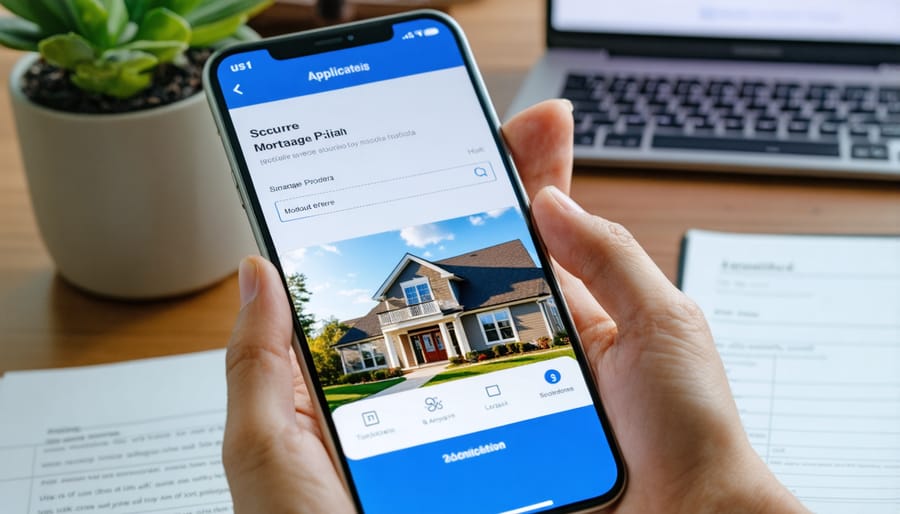 Person using smartphone to complete online mortgage application with security indicators