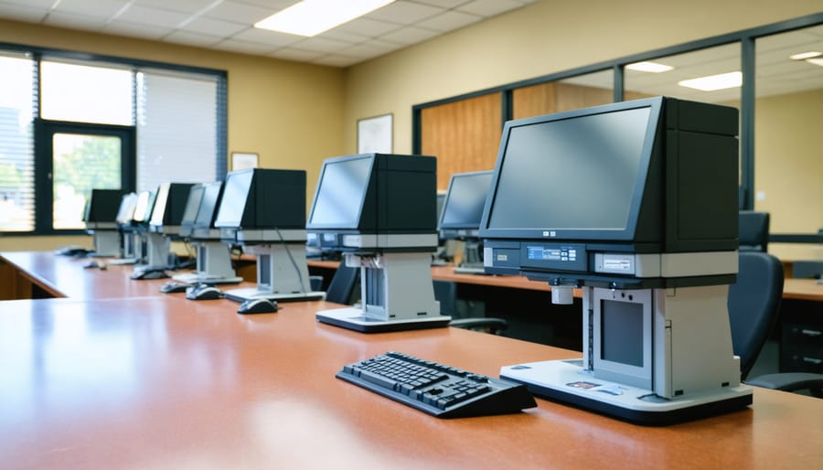 Digital recording system in a modern county recorder's office with staff working on computers