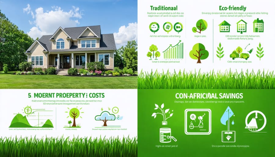 Split-screen depiction of a property transition from traditional maintenance to eco-friendly features, showcasing smart irrigation systems, LED lighting, and smart thermostats, highlighting reduced utility expenses and environmental sustainability.