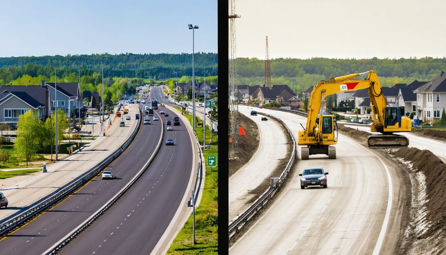 Before and after photos of a neighborhood impacted by highway expansion through eminent domain