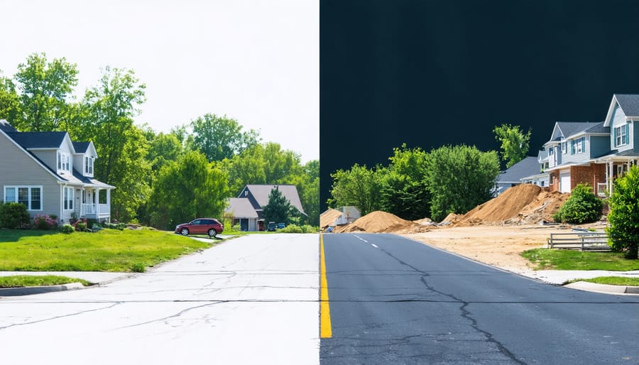 Split illustration of a suburban neighborhood and a highway construction project highlighting the impact of eminent domain on property owners.