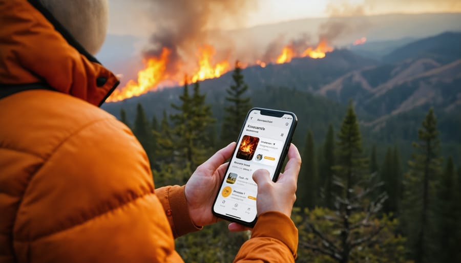 Smartphone displaying wildfire evacuation alert system interface