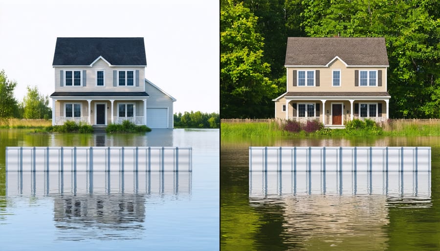 Before and after comparison showing flood barrier installation around a residential property