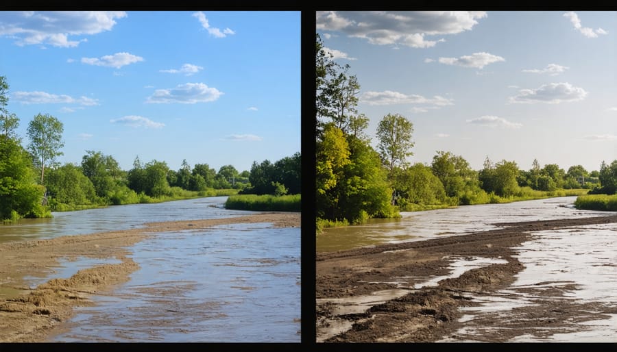Side-by-side comparison showing neighborhood transformation after implementing flood protection measures