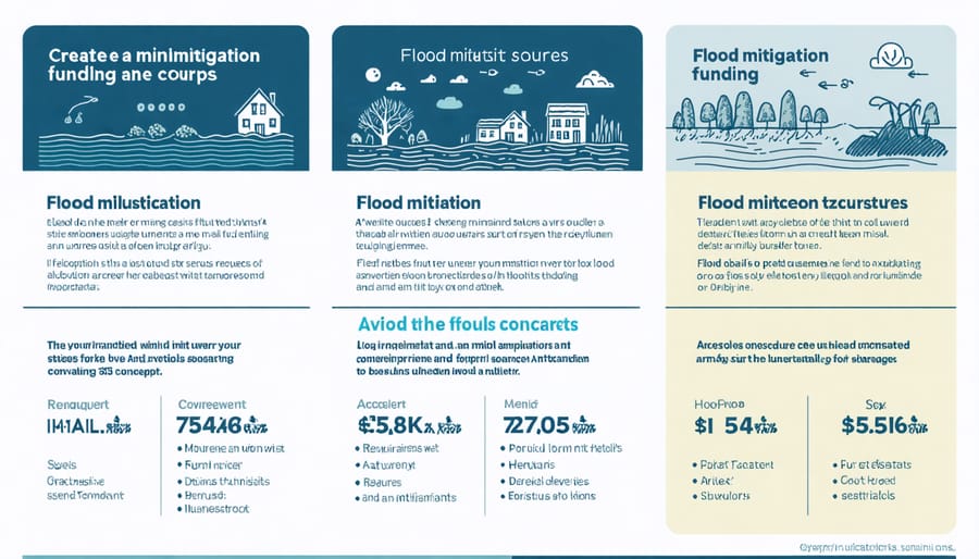 Visual breakdown of flood mitigation financing options including loans, grants, and tax benefits