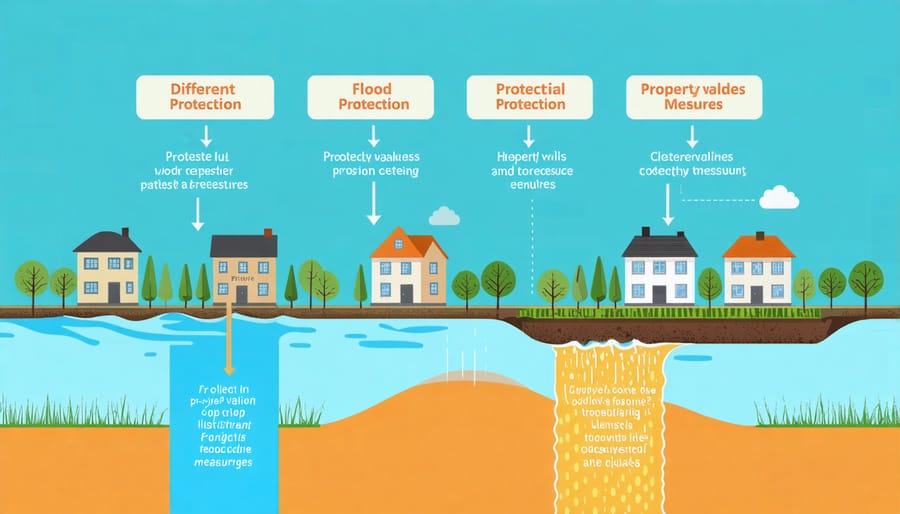 Diagram illustrating the relationship between flood mitigation structures and property value protection
