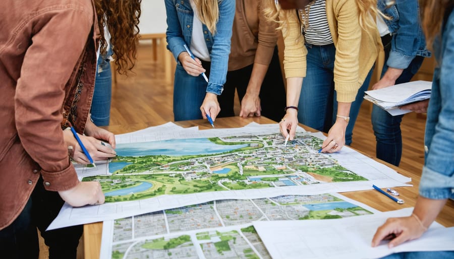 Diverse group of community members, local leaders, and planners in a collaborative flood planning meeting, with maps and notes on a table, reflecting community-driven resilience efforts.