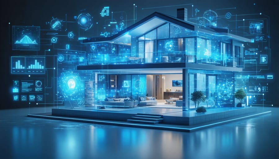 A futuristic smart home with interconnected systems, displaying a central e-maintenance dashboard with digital data streams and analytics, symbolizing advanced property upkeep.