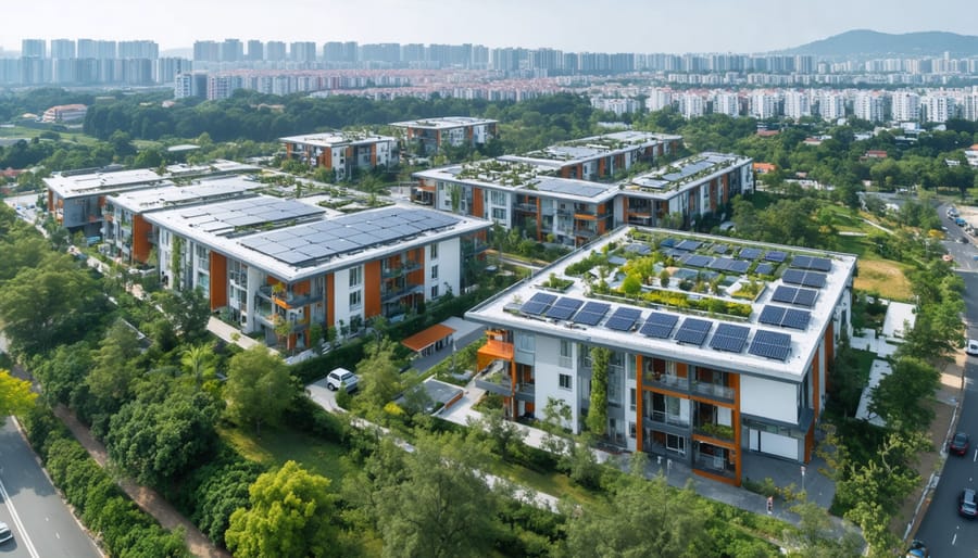 Aerial view of a mixed-use development with solar panel rooftops and abundant greenery, illustrating the impact of green energy infrastructure on property values.