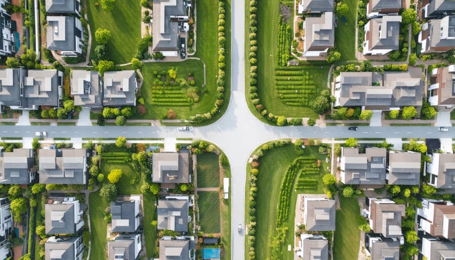 Bird's eye view of community flood protection measures featuring rain gardens and natural drainage systems