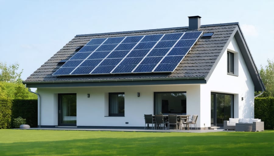 Energy efficient home featuring solar panels, double-pane windows, and green landscaping