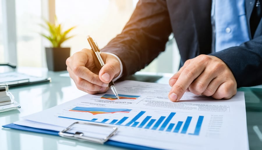 Financial advisor explaining multiple life insurance policy documents to client