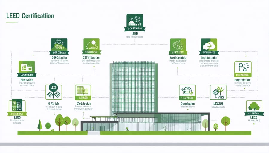 Commercial building showcasing LEED certification features with platinum, gold, and silver certification badges