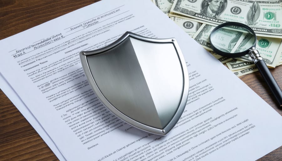 Artistic illustration of a protective shield encasing real estate documents, symbolizing the security provided by lender's title insurance against financial and legal risks.