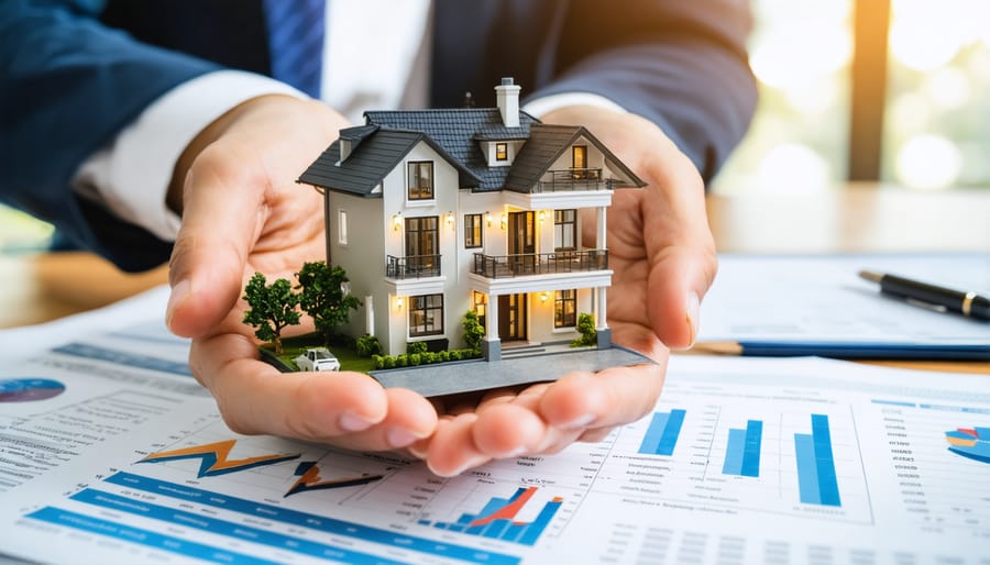 Hands holding a miniature model of a multi-family residential building with financial documents in the background, symbolizing strategic use of life insurance payouts for property investment.