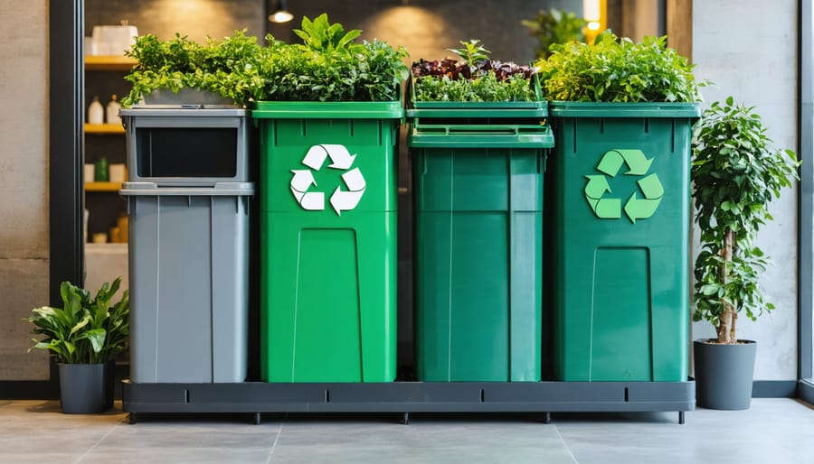 Well-labeled recycling and composting bins with clear sorting instructions