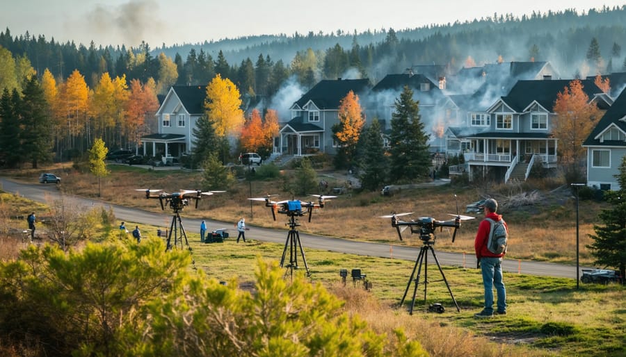 Community members utilizing advanced technology, including drones and thermal imaging cameras, for effective wildfire detection in a neighborhood adjacent to a forest.
