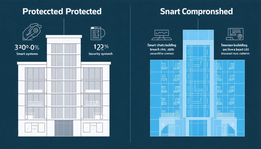 Comparison diagram of secured and unsecured smart building systems with insurance protection overlay