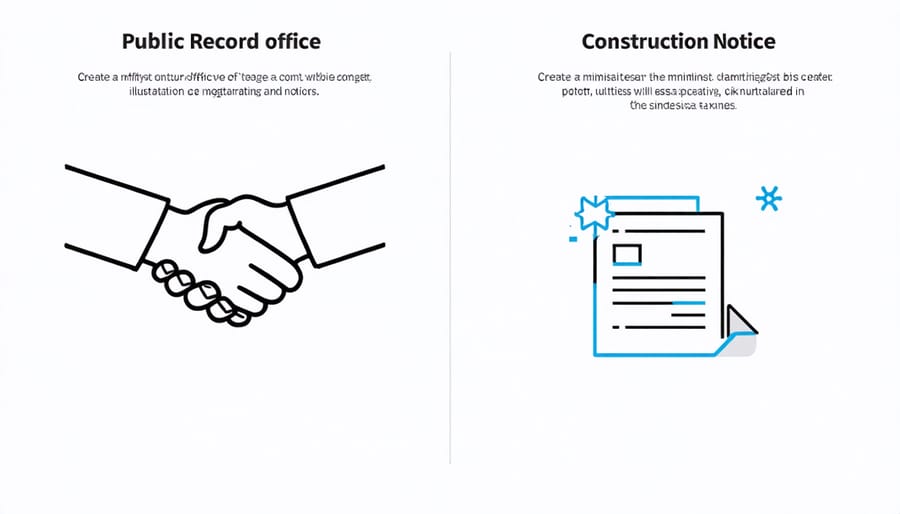 Visual comparison between actual notice represented by a handshake and constructive notice shown by public records