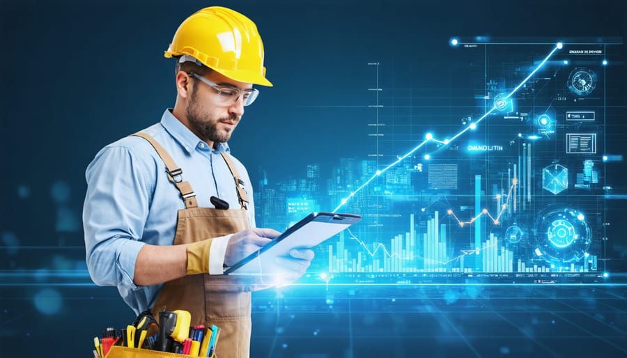 Illustration of property maintenance and safety management featuring digital tools, checklists, and symbols of increased property value and security.