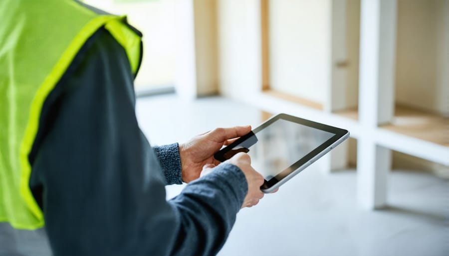Professional inspector using digital checklist app during property inspection