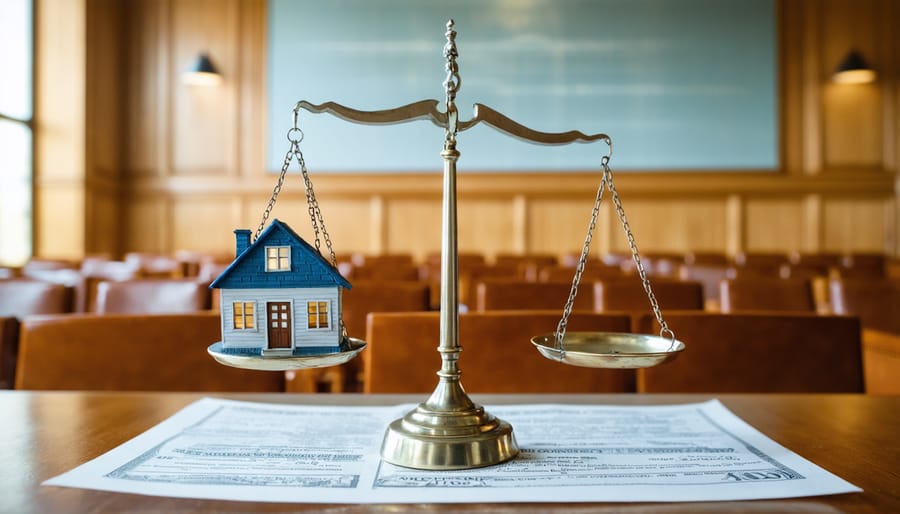 Scales of justice balancing a house and a property tax bill, symbolizing the constitutional debate over property taxation within a courtroom setting.