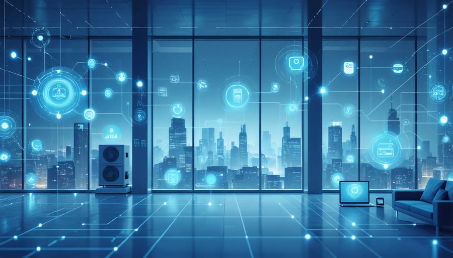 Network diagram of IoT devices connected throughout a smart building with 5G symbols