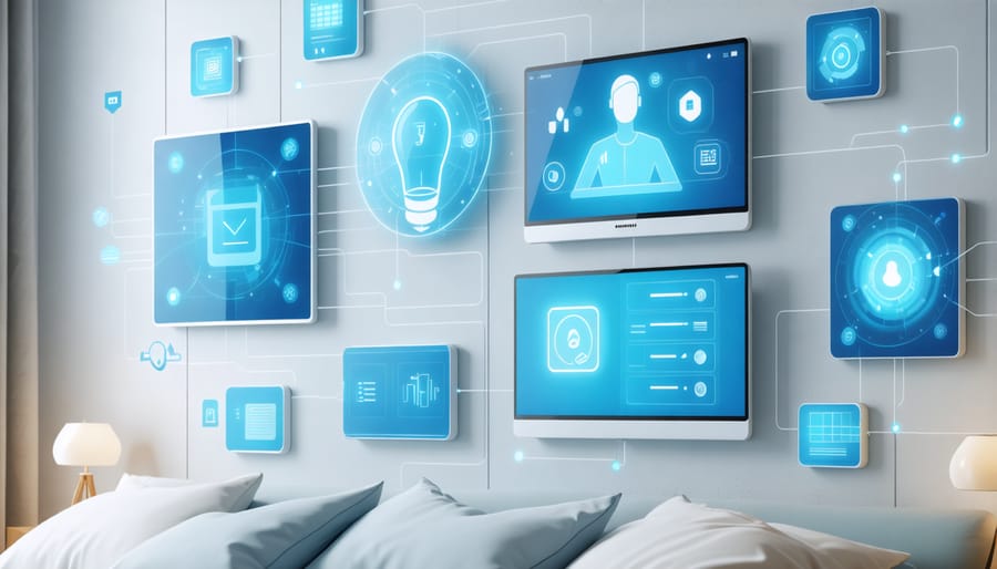 Network of smart home devices including thermostat, security system, and appliances connected to maintenance software