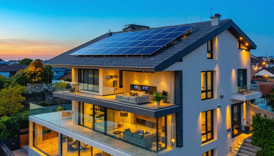 Aerial view of a modern property equipped with rooftop solar panels, smart HVAC controls, and energy-efficient features symbolizing increased market value.