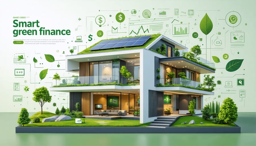 A modern, energy-efficient building equipped with solar panels and green roofs; surrounded by icons symbolizing financial growth and sustainability.