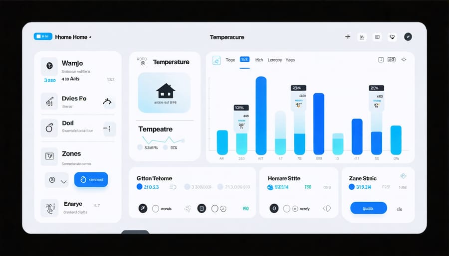 Digital interface of a smart HVAC system displaying multiple climate zones and energy metrics