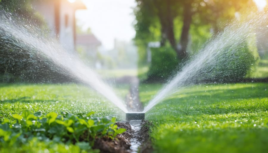 Side-by-side comparison showing water waste in traditional sprinklers versus precise smart irrigation system