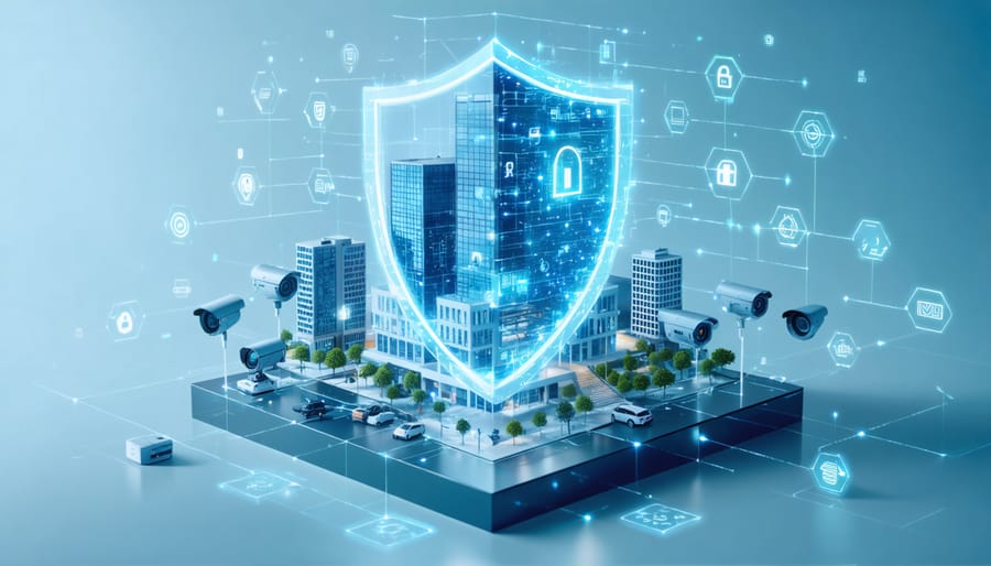 Conceptual illustration of a smart building protected by a digital shield representing network security, with IoT devices like smart locks, cameras, and HVAC systems interconnected by a 5G network.