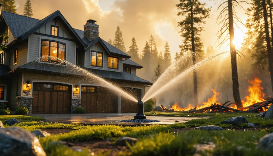 Automated sprinkler system creating protective water barrier around property with visible smoke in background
