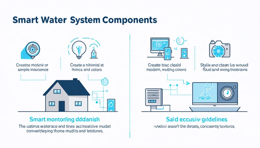 Diagram of smart water monitoring system components and insurance benefits