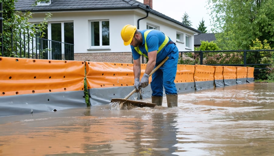 Contractor installing flood barriers around home foundation and entry points