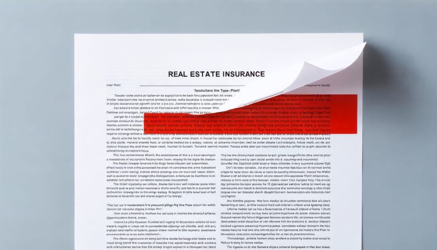 A layered depiction of a standard real estate insurance policy overlaying a highlighted list of exclusions such as natural disasters and specific activities, symbolizing the importance of understanding hidden limitations.