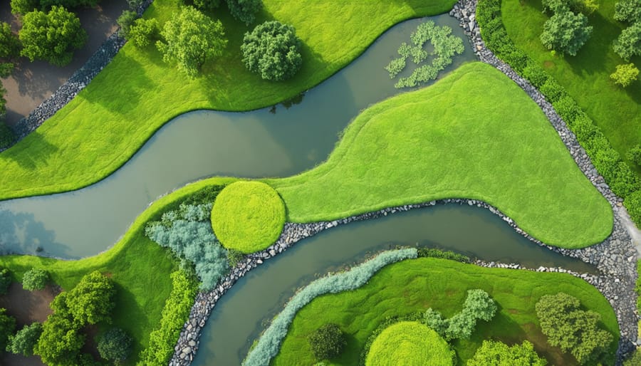 Bird's eye view of community flood management systems including green spaces and water retention areas