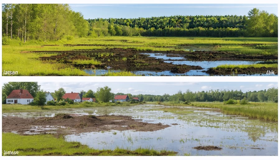 Side-by-side comparison showing flood protection benefits of wetland biodiversity