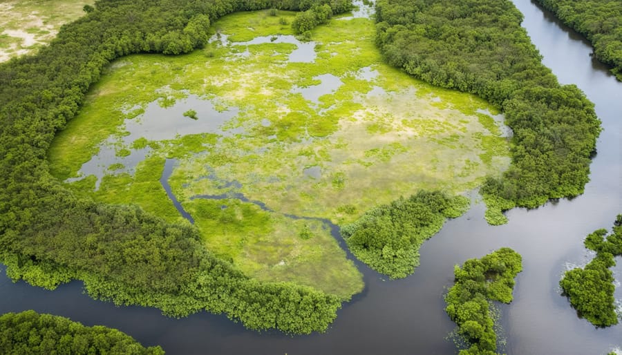 Natural wetland buffer zone with homes visible in background, demonstrating flood protection