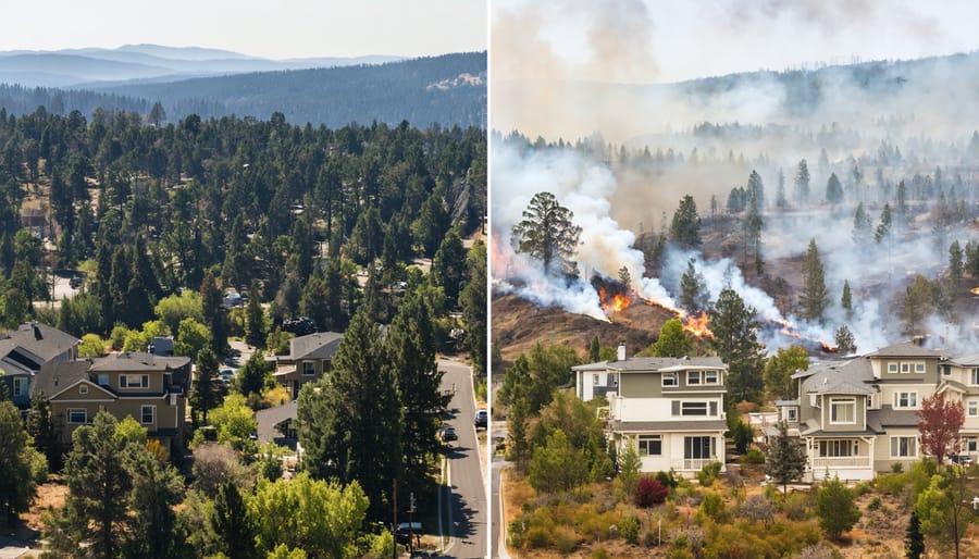 A side-by-side comparison of a neighborhood with and without wildfire defense measures, highlighting cleared defensible space and fire-resistant homes on one side, and dense vegetation with signs of wildfire risk on the other.