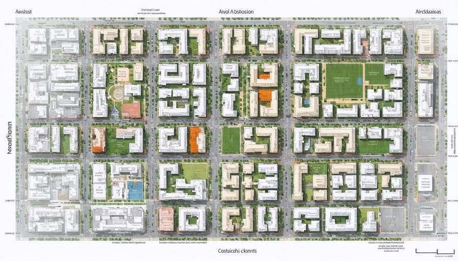 Bird's eye view of city blocks with color-coded zones showing residential, commercial, and industrial areas