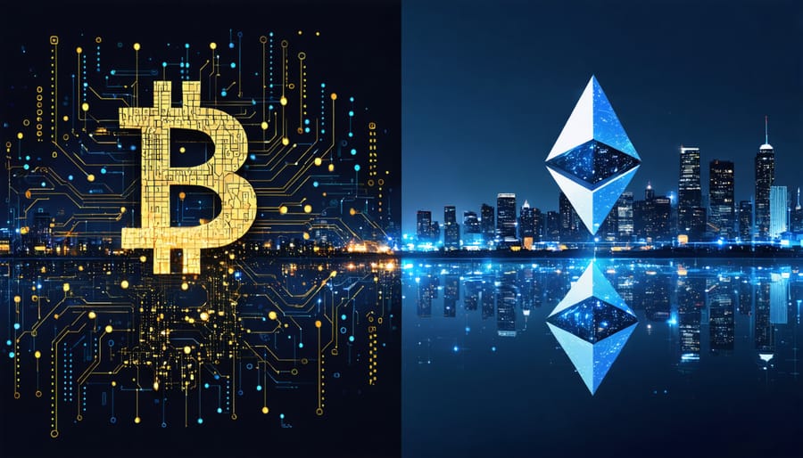Illustration of digital Bitcoin and Ethereum symbols merging with a modern cityscape, linked by a binary code bridge, symbolizing the connection between cryptocurrency investing and real estate.