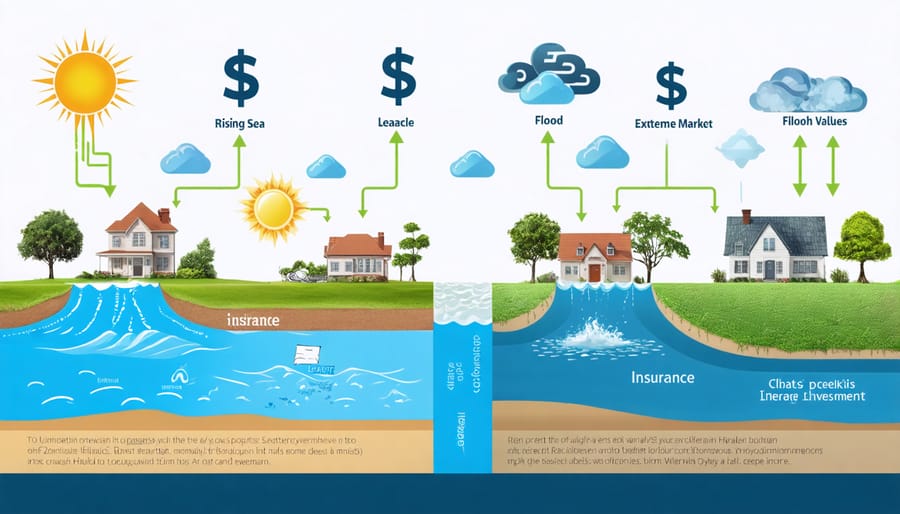 Infographic illustrating the impact of various climate factors on property values, showing sea levels, extreme heat, and flood risks alongside real estate symbols like homes and dollar signs.