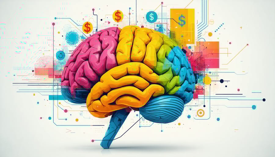 Creative illustration of human brain with insurance-related symbols highlighting decision-making biases